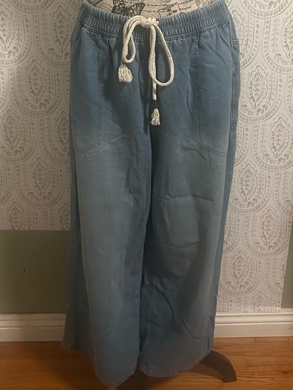 Amazon Women's Flare Wide Leg Jeans - Dusty Blue with Cream Drawstring